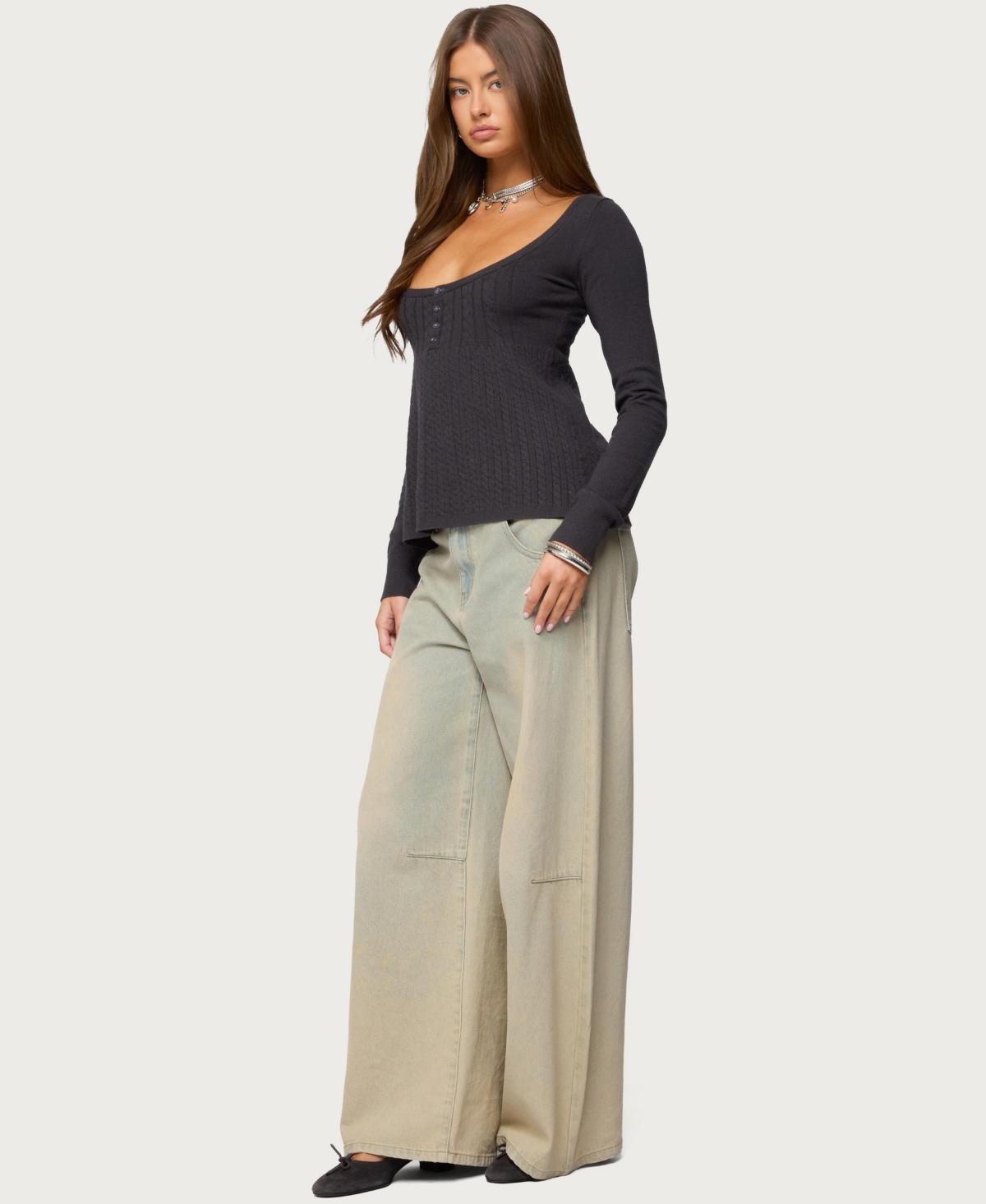 Draft - Edikted Women's Jaylah Cable Knit Babydoll Top