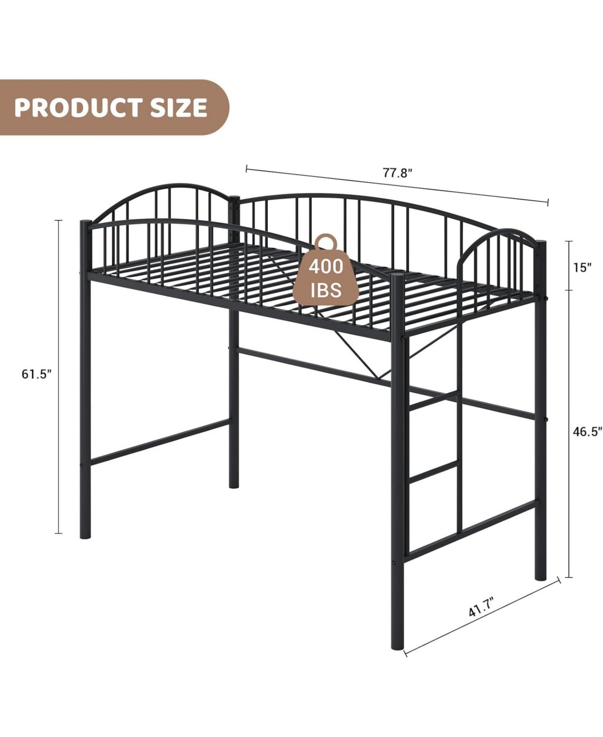 gaomon Twin Metal Loft Bed, Black, Steel Build, Curved Guardrails, Ladder, Space-Saving