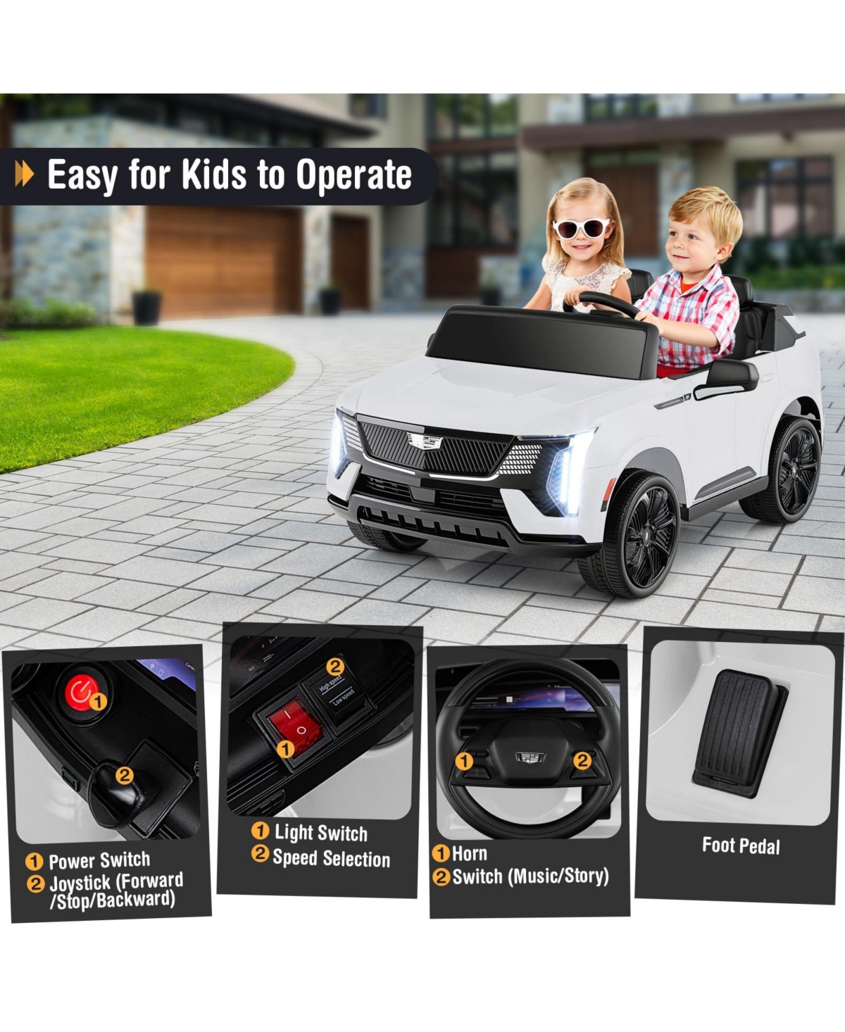 Mecale 24V Ride on Truck 2-Seater Licensed Cadillac with Remote Control-White