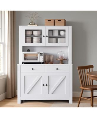 63" Tall Kitchen Pantry Cabinet with Drawers, Hutch & Glass Doors