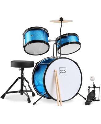 Kids 3-Piece Beginner Drum Set with Sticks, Cushioned Stool and Drum Pedal - Light Blue