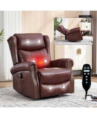 Heat Massage Manual Recliner Chair with Rocker and Swivel in Genuine Leather for Living Room