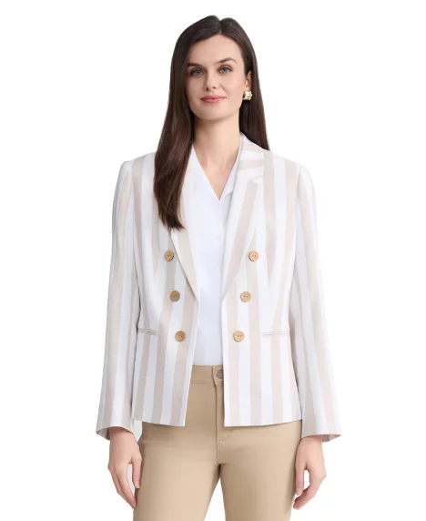 Petite Faux Double-Breasted Collared Linen Jacket - Natrual Stone/ Natrual White