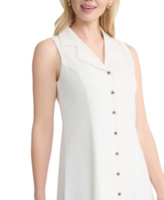 Petite Sleeveless Collared Maxi Linen Shirt Dress