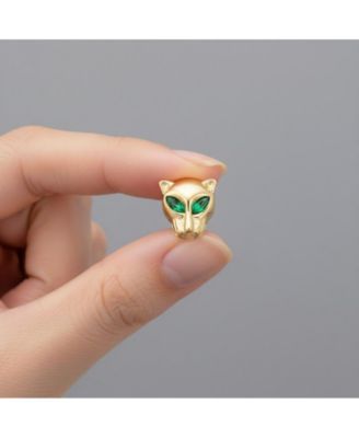 Green CZ Animal Face Stud Earrings in 14K Gold Plated