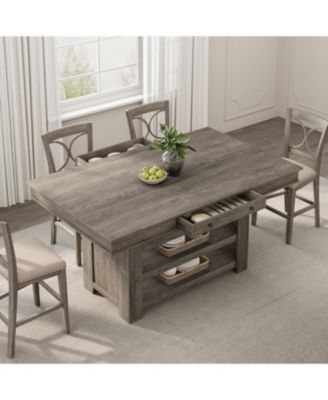 60" Counter Height Dining Table for 4, Farmhouse Rectangular Tall Bar Height Kitchen Dining Table & Thick Table Top, with Deepened Wine Rack