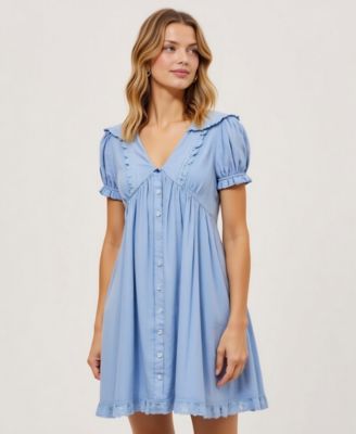 Women's Button-Front Lace-Trim Puff-Sleeve Mini Dress