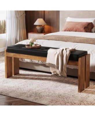 Solid Wood Dining Bench, Modern Kitchen Table Bench with Button-Tufted Leather Pad and Wooden Legs