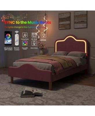 Twin Size Bed Frame with Adjustable LED Headboard, Velvet Upholstered Princess Platform Bedframe with Footboard for Kids/Girls