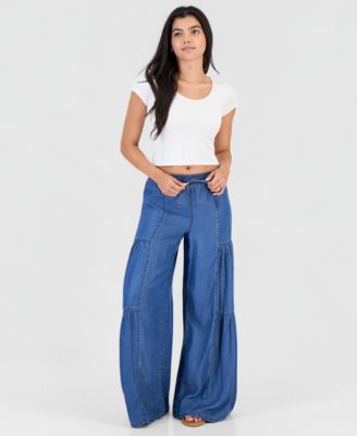 Juniors' Chambray Tiered-Leg Drawstring Pants