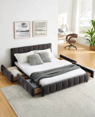 Queen Upholstered Bed Frame with Headboard and Storage Drawer, Chenille Fabric Queen Size Platform Bed with Solid Frame, No Box Spring Needed
