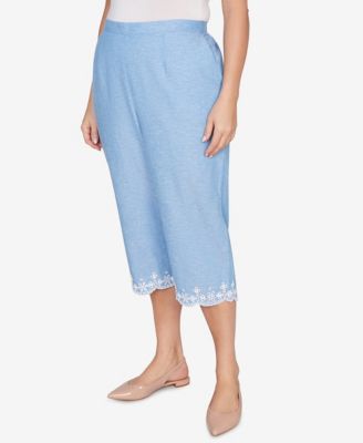 Plus Size Caribbean Blues Eyelet Embroidered Cuff Capri Pants