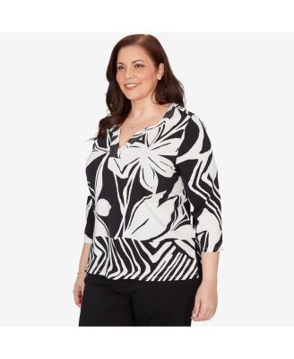 Plus Size Crowd Pleaser Dramatic Abstract Floral Split Neck Top