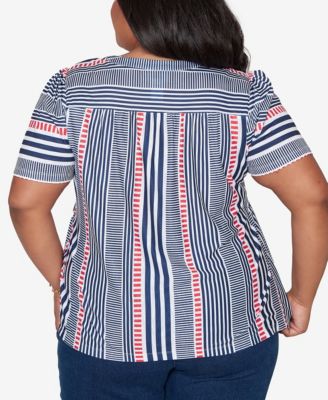 Plus Size Port Side Spliced Mixed Stripe Flutter-Sleeve Top