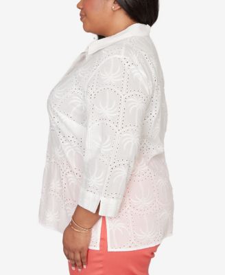 Plus Size Resort Living Eyelet Palm Tree Button Front Top