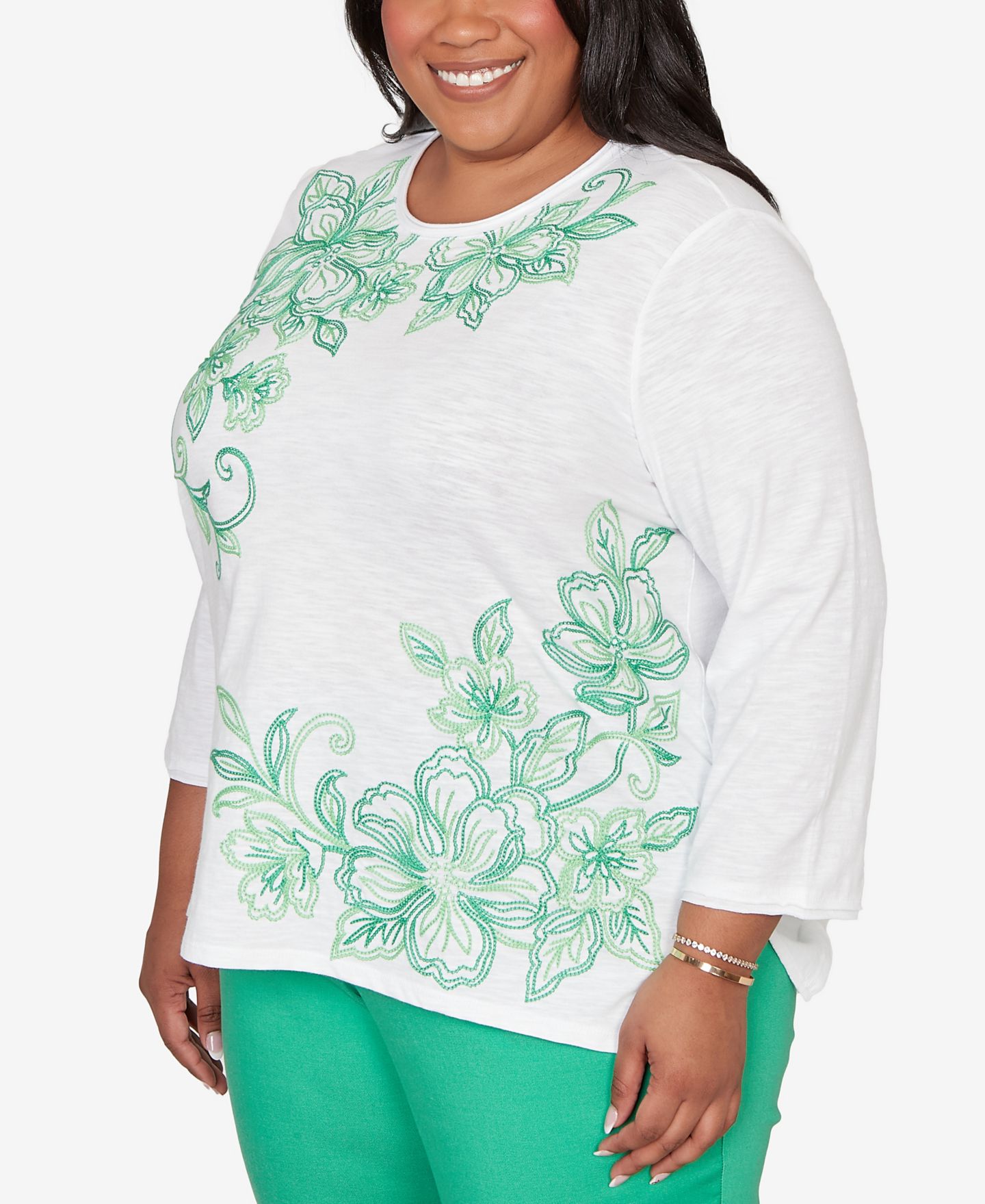 Женский топ Alfred Dunner Plus Size Resort Living Tropical Flower Embroidered, цвет: Белый — фото 3