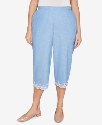 Plus Size Caribbean Blues Eyelet Embroidered Cuff Capri Pants
