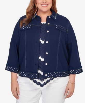 Plus Size Port Side Pearl Trim Denim Jacket
