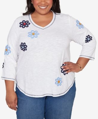 Plus Size Port Side Embellished Floral Button Top