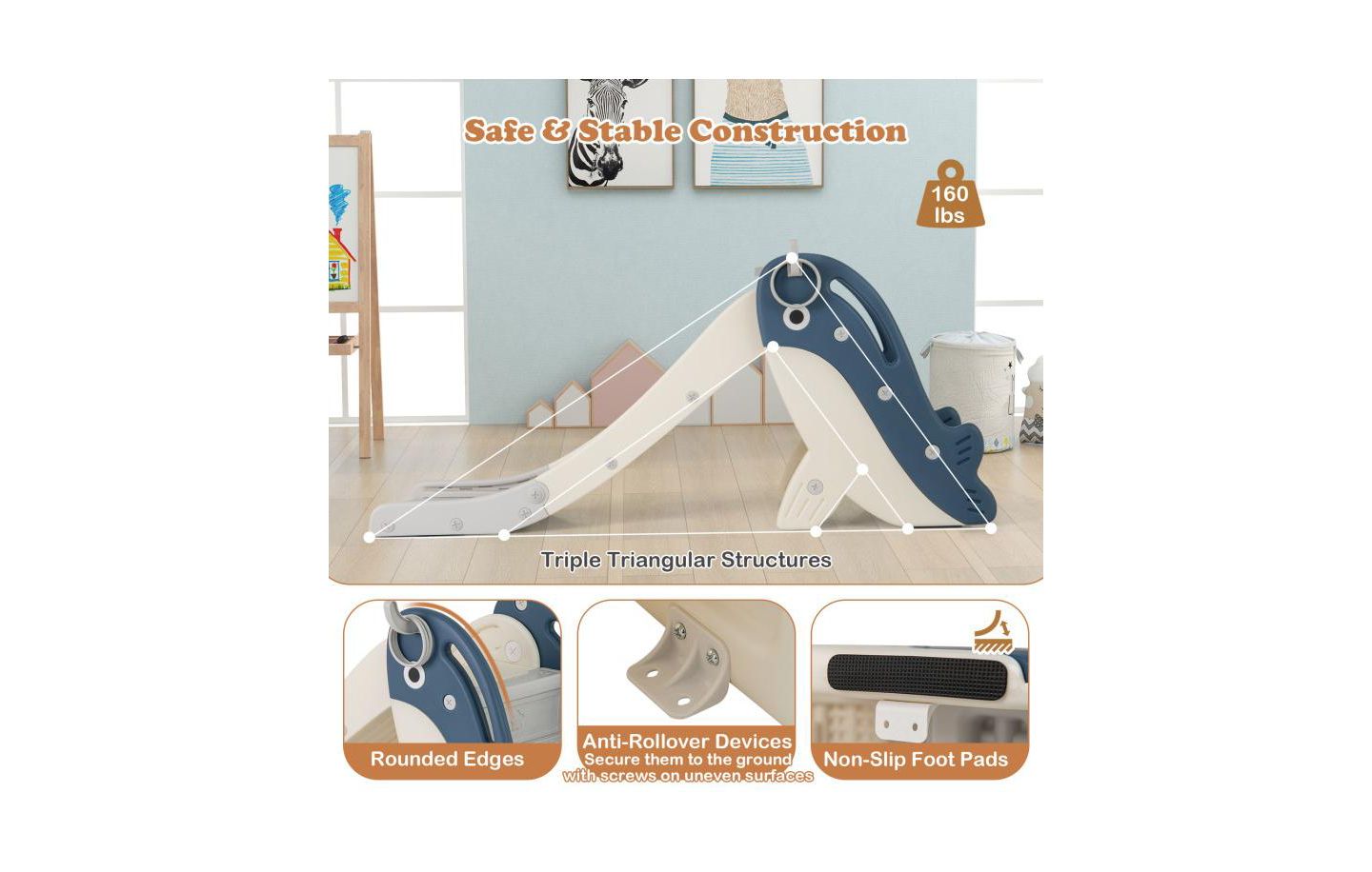 Детский игровой набор Slickblue Indoor-Outdoor Baby Slide Climber Playset with Basketball Hoop, 59"L x 28"W x 26"H, от 3 лет, цвет: Синий — фото 5
