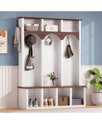 Farmhouse Wooden Style Hall Tree Storage Bench with 5 Hooks