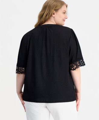 Plus Size Split-Neck Lace-Trim Elbow-Sleeve Top