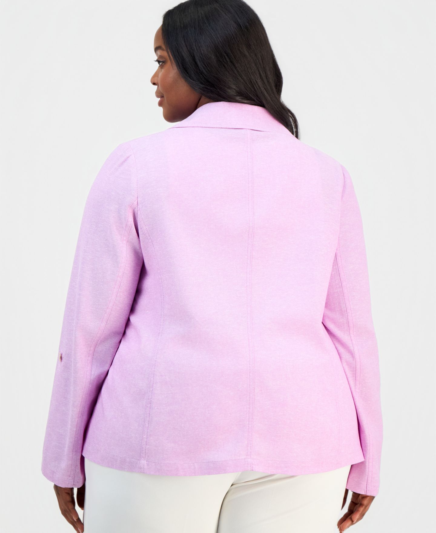 Женский пиджак Kasper Plus Size Linen Open-Front Seamed Roll-Tab-Sleeve Blazer, цвет: Розовый / Белый — фото 4