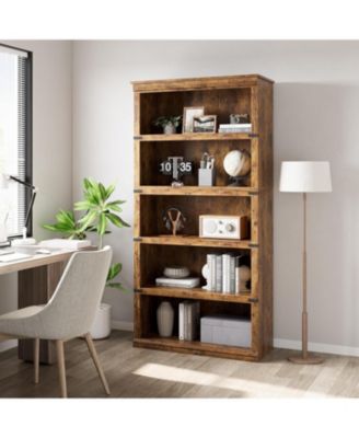 67.4" Tall 5-Tier Farmhouse Bookcase - Wooden Bookshelf with Open Display Shelves and Storage, Freestanding Home Office, Living Room