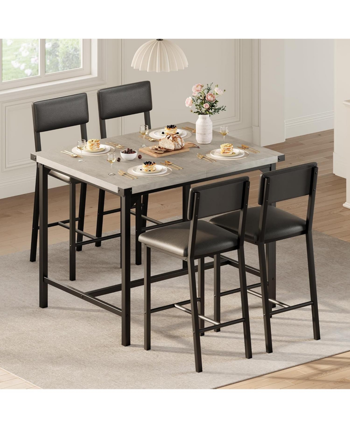 gaomon 5 Piece Dining Table Set for 4 with Footrest and Corner Protectors, Counter Height Kitchen Table with Upholstered Bar Stools