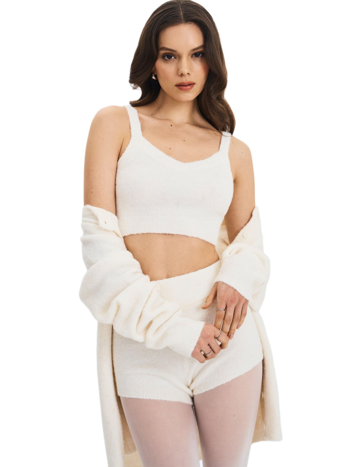 Женский топ Miss Circle Selene White Wool-Blend Ribbed Knit V-Neck, цвет: Белый — фото 1