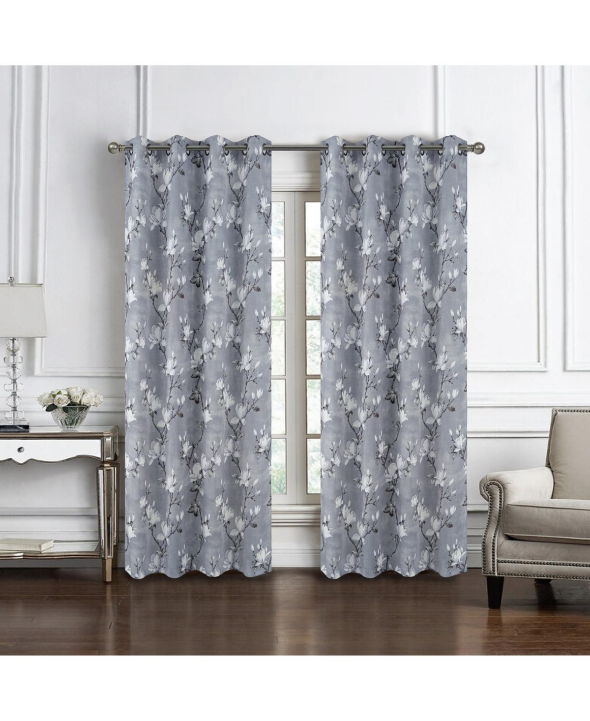 Olivia Gray Blossom Printed Blackout Grommet Curtain Panel