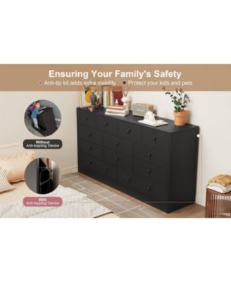 12 Drawer 61in Modern Black Dresser with Charging Station, Large TV Stand Storage Organizer for Bedroom Nursery Living Room