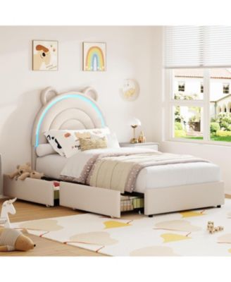 Twin Size Bed Frame with 2 Storage Drawers, Velvet Upholstered Platform Bed with Rainbow Headboard for Kids, Solid Wood Slats Support