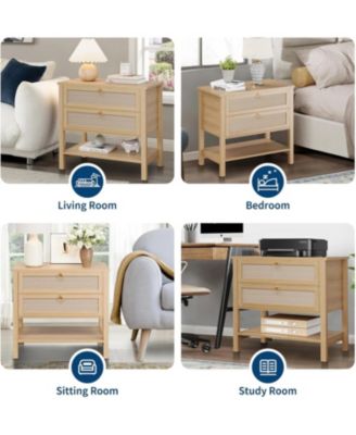 Rattan Night Stand Set of 2, Boho Night Stand with 2 Rattan Drawers, Large Bedside Table Side Table