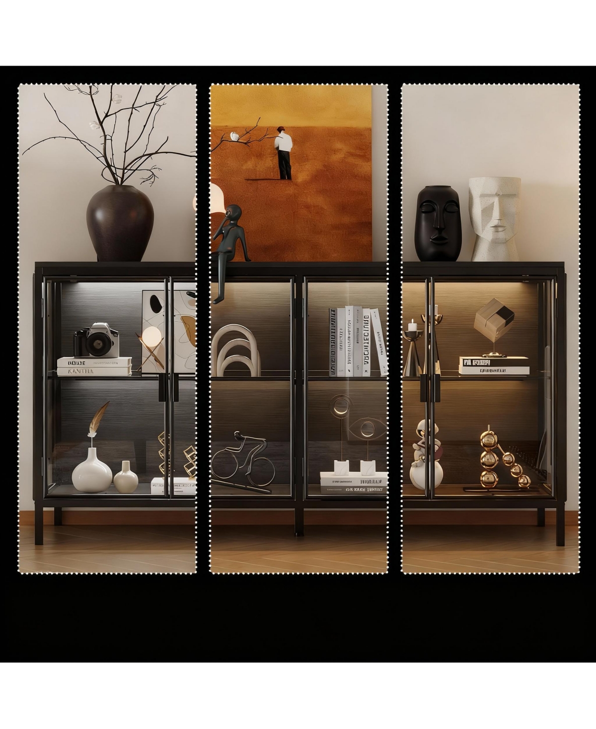 Yigii Led Illuminated Sideboard with Clear Shelves and Metal Frame for Living Room