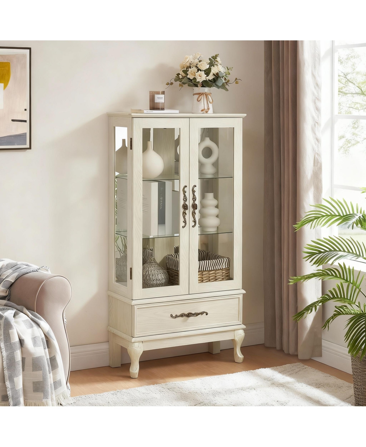 Yigii Antique Display Cabinet with Lighted Glass Doors Mirrored Panel