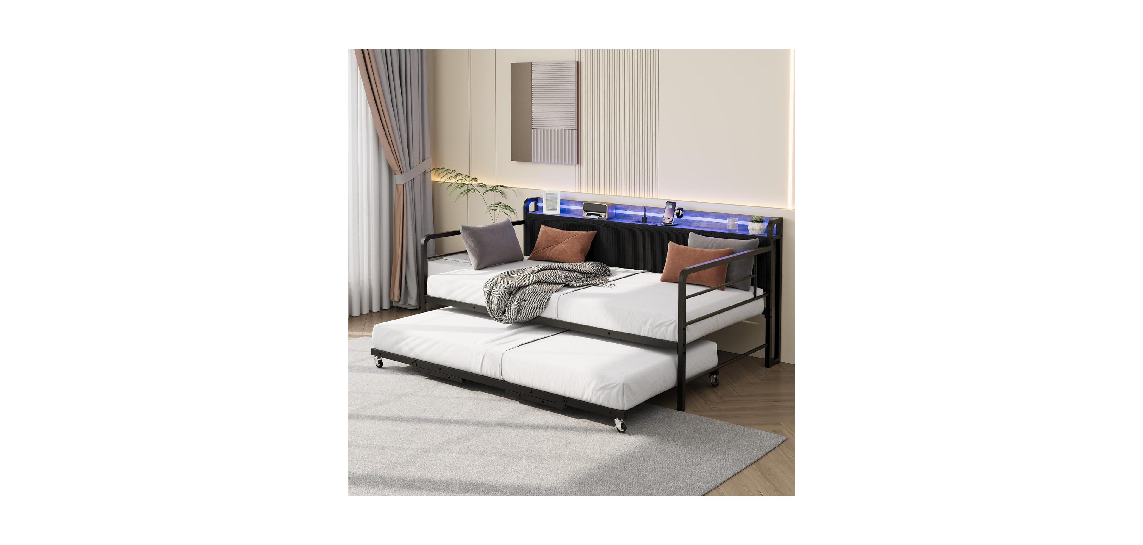 gaomon Daybed with Trundle & Led Light, Sturdy Metal Frame, Corduroy Headboard, Usb Charging
