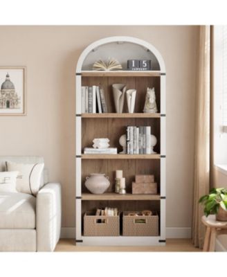 71" Tall 5-Shelf Arched Bookcase – Farmhouse Wooden Bookshelf with Display Storage Rack, Freestanding Bookcase for Home Office, Living Room