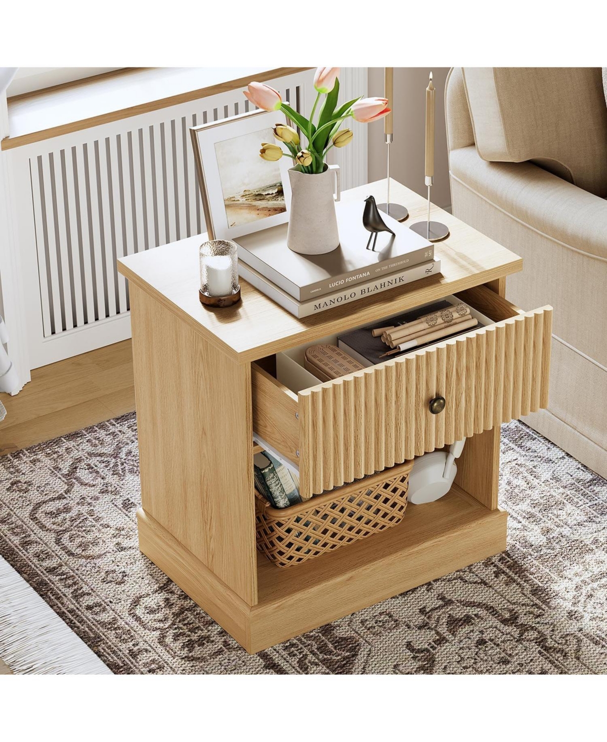 gaomon Fluted Nightstand with Drawer, Mid Century Modern Bedside Table with Open Shelf, Nightstand with Storage