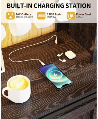 55in Coffee Bar Cabinet Power Outlet and LED Light Removable 12Bottle Wine Rack Sliding Barn Door Buffet Cabinet for Home