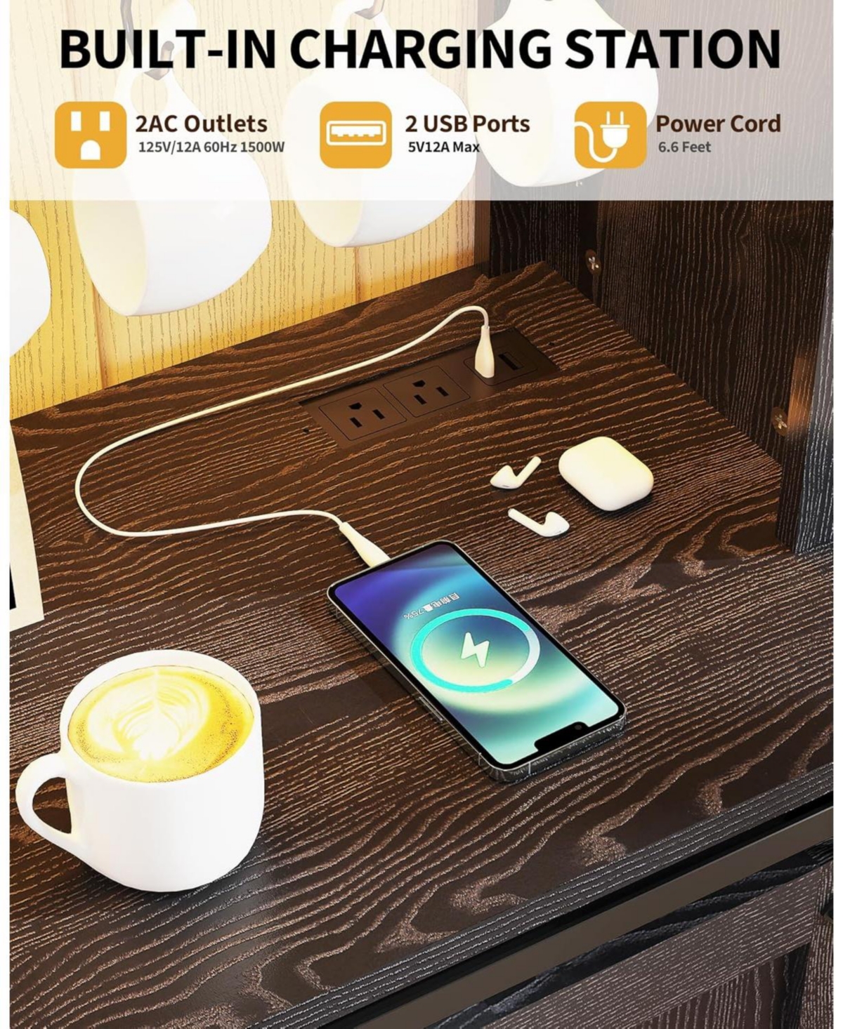 gaomon 55in Coffee Bar Cabinet Power Outlet and Led Light Removable 12Bottle Wine Rack Sliding Barn Door Buffet Cabinet for Home