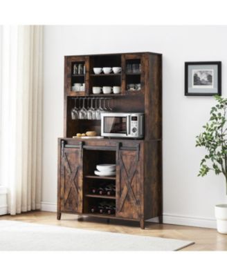 Rustic 70 Inch Tall Farmhouse Coffee Bar Cabinet with Sliding Barn Doors Ample Storage Shelves Wine Racks and Glass Holder