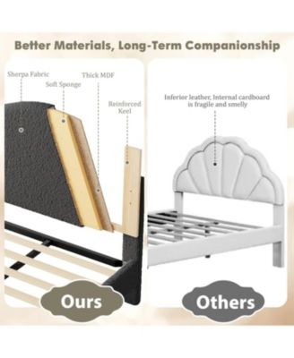 Queen Upholstered Platform Bed Frame with Low-Profile Rounded Headboard, Heavy-Duty Wooden Slats, Noise-Free, No Box Spring