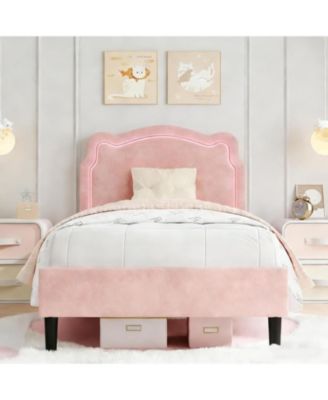 Twin Upholstered Smart LED Bed Frame with Velvet Princess Headboard, Wooden Slats Support, No Box Spring Needed