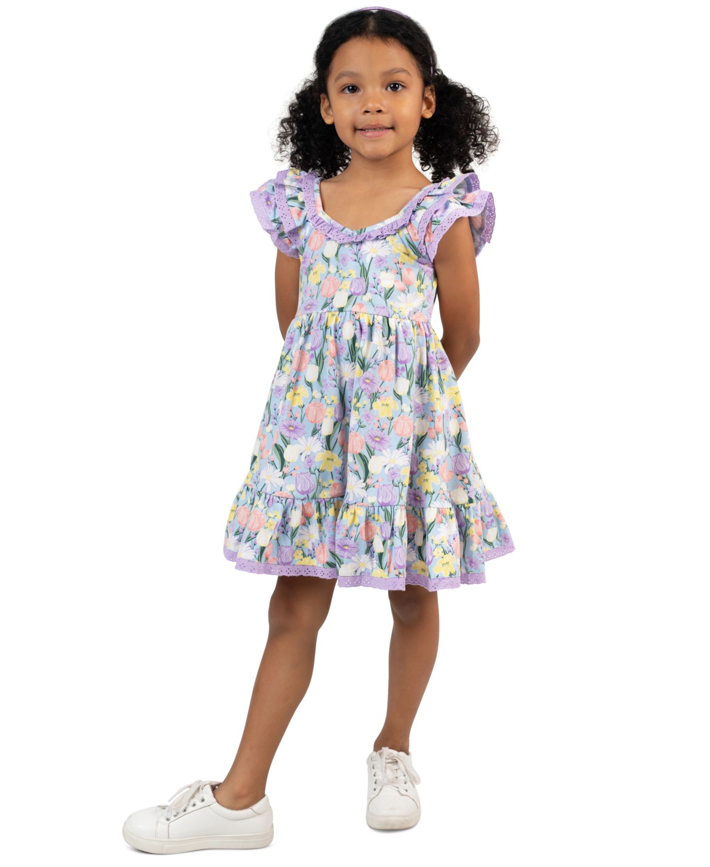 Платье Rare Editions Peri Printed Square Neck Dress для девочек, цвет: Лавандовый / Жёлтый — фото 1