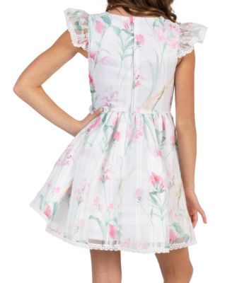 Girls' 7-16 Floral Windowpane Crochet Round Neck Dress