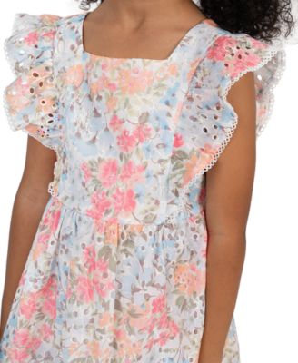 Girls' 2T-6X Printed Eyelet Square Neck Ruffle Dress