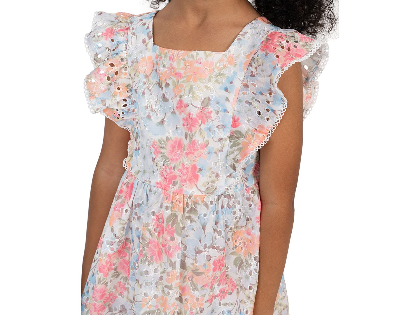 Платье Rare Editions Printed Eyelet Square Neck Ruffle Dress для девочек, цвет: Синий / Розовый — фото 2