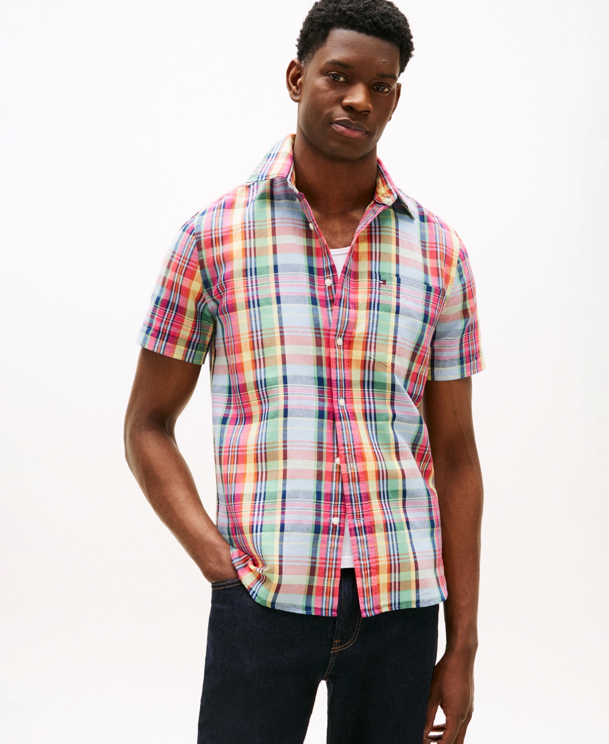 Tommy Hilfiger Men's Madras Plaid Short-Sleeve Shirt - Brilliant Orange Multi / Check
