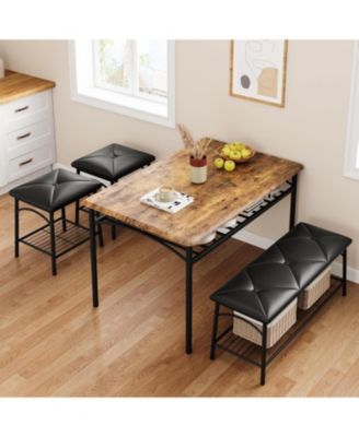 Dining Table Set for 4 with Benche/Stools Kitchen Table Set with Storage Shelves Dining Table Set with PU Cusion Dining Room Furniture